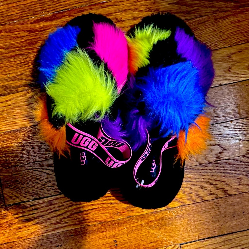 UGG Pink, Blue and Yellow Fur Slides